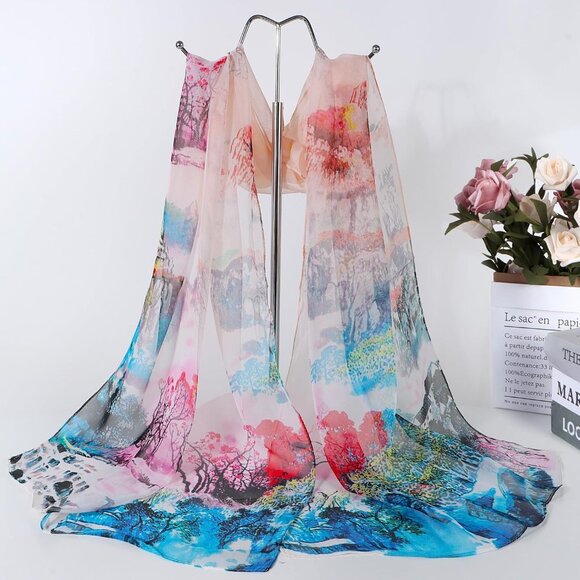 Women's Beige Fashion Lightweight Head Scarf Floral Print Chiffon Scarves - Picture 2 of 6